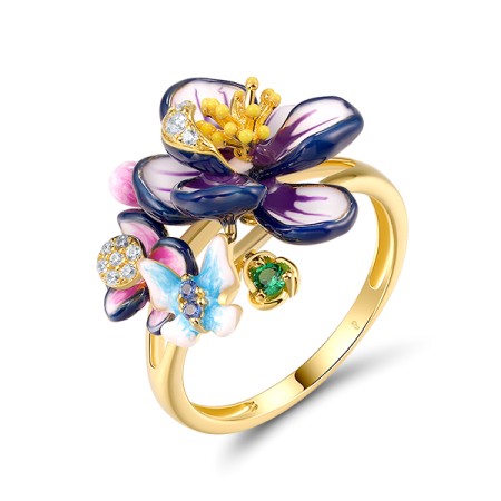 Sterling Silver w/ Yellow Plating Ring Blue Nano Cubic Zirconia,Enamel,Green Spinel,White Cubic Zirconia (R320363ENASY925) - US 6