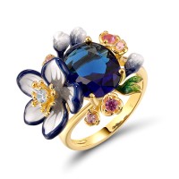 Sterling Silver w/ Yellow Plating Ring Blue Glass,Created Pink Sapphire,Enamel,Pink Cubic Zirconia,White Cubic Zirconia (R320364ENASY925) - US 6