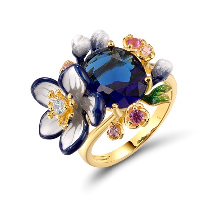 Sterling Silver w/ Yellow Plating Ring Blue Glass,Created Pink Sapphire,Enamel,Pink Cubic Zirconia,White Cubic Zirconia (R320364ENASY925) - US 6