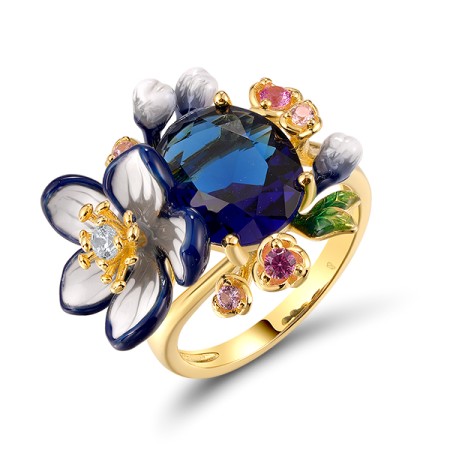 Sterling Silver w/ Yellow Plating Ring Blue Glass,Created Pink Sapphire,Enamel,Pink Cubic Zirconia,White Cubic Zirconia (R320364ENASY925) - US 6