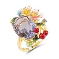Sterling Silver w/ Yellow Plating Ring Purple Glass,Synthetic Blue Spinel,Enamel (R320521ENASY925) - US 7