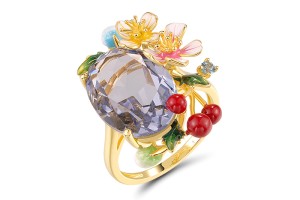 Sterling Silver w/ Yellow Plating Ring Purple Glass,Synthetic Blue Spinel,Enamel (R320521ENASY925) - US 7