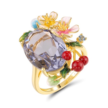 Sterling Silver w/ Yellow Plating Ring Purple Glass,Synthetic Blue Spinel,Enamel (R320521ENASY925) - US 7