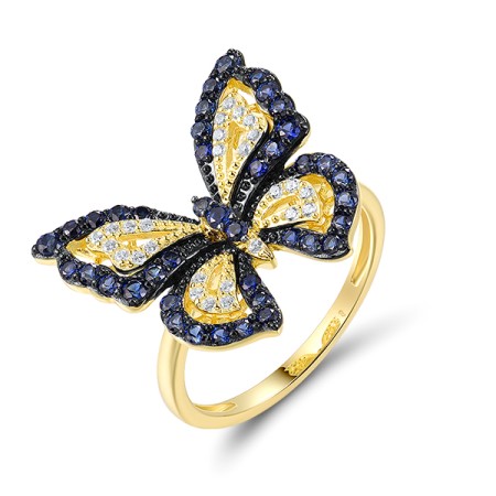 Sterling Silver w/ Yellow Black Plating Ring Created Sapphire,White Cubic Zirconia (R320810CRSZSC925) - US 7