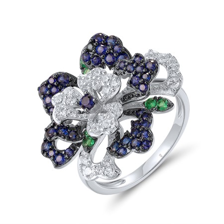 Sterling Silver w/ Black White Plating Ring Created Sapphire,Synthetic Green Spinel,White Cubic Zirconia (R320958CSGZSK925) - US 6