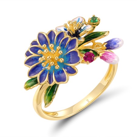 Sterling Silver w/ Yellow Plating Ring Created Ruby,Enamel,Synthetic Green Spinel (R321107ENASY925) - US 6