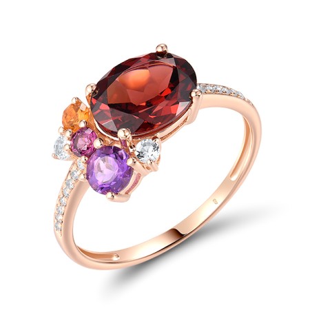 14KR Ring Amethyst,Citrine,Diamond,Garnet,Rhodolite Garnet,White Topaz (R321250MUL14KR)