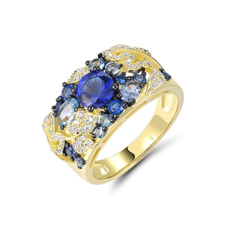 Sterling Silver w/ Yellow Black Plating Ring Synthetic Blue Spinel,White Cubic Zirconia (R321338BLZSC925) - US 6