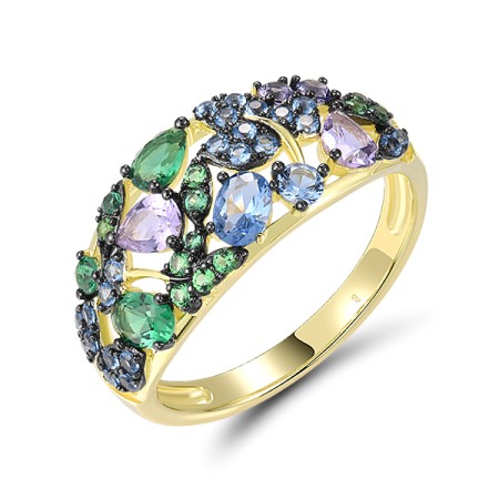 Sterling Silver w/ Yellow Black Plating Ring Synthetic Blue Spinel,Synthetic Green Spinel,Synthetic Purple Spinel (R321339BGPNSC925) - US 6