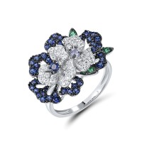 Sterling Silver w/ Black White Plating Ring Created Sapphire,Synthetic Green Spinel,White Cubic Zirconia (R321356CSGZSK925) - US 6
