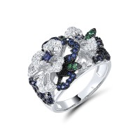 Sterling Silver w/ Black White Plating Ring Created Sapphire,Synthetic Green Spinel,White Cubic Zirconia (R321357CSGZSK925) - US 6