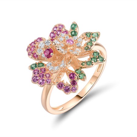 Sterling Silver w/ Rose Plating  Multi Colour Stone Ring  (R321358MULSR925) - US 6