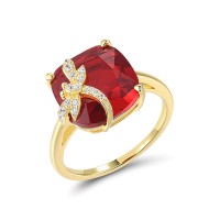 Sterling Silver w/ Yellow Plating Ring Red Glass,White Cubic Zirconia (R321378REGZSY925) - US 6