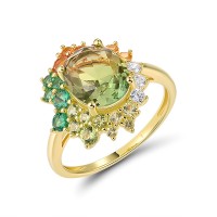 Sterling Silver w/ Yellow Plating Ring Mix Glass,Synthetic Green Spinel,Synthetic Green Spinel ,Synthetic Yellow Spinel,White Cubic Zirconia (R321388MULSY925) - US 7