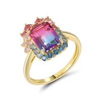 Sterling Silver w/ Yellow Plating Ring Mix Glass,Synthetic Blue Spinel,Synthetic Morgan Spinel,Synthetic Red Spinel (R321391MULSY925) - US 6