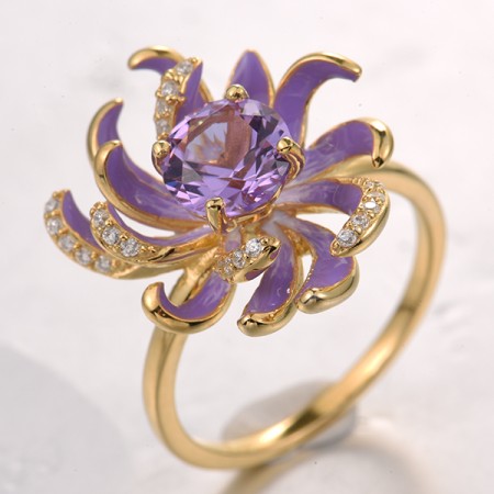 Sterling Silver w/ Yellow Plating Ring Enamel,Synthetic Purple Spinel,White Cubic Zirconia (R321556ENASY925) - US 6