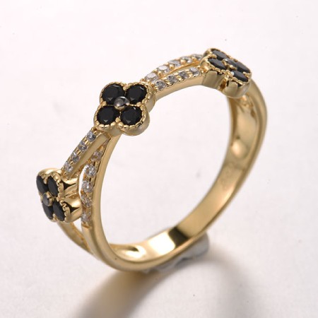 Sterling Silver w/ Yellow Black Plating Ring White Cubic Zirconia,Synthetic Black Spinel (R321937BSNZSC925) - US 6
