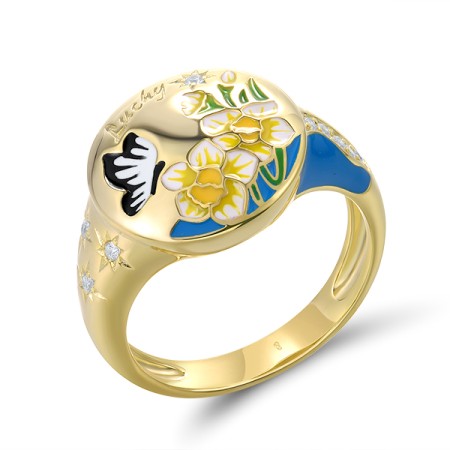  Sterling Silver w/ Yellow Plating Ring Enamel,White Cubic Zirconia (R321969ENASY925) - US 6