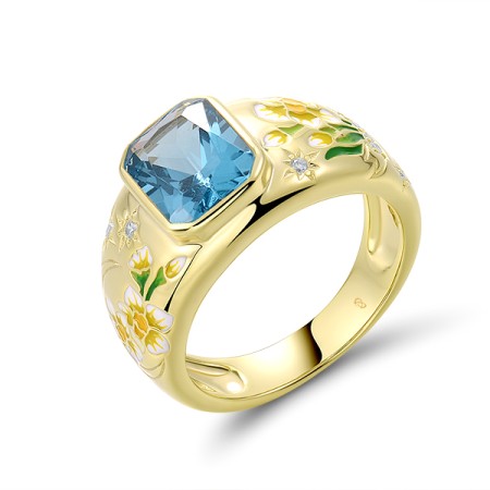 Sterling Silver w/ Yellow Plating Ring Enamel,Synthetic Blue Spinel,White Cubic Zirconia (R321970ENASY925) - US 6