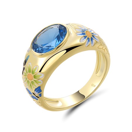 Sterling Silver w/ Yellow Plating Ring Enamel,Synthetic Blue Spinel,White Cubic Zirconia (R321971ENASY925) - US 6