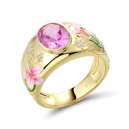 Sterling Silver w/ Yellow Plating Ring Created Pink Sapphire,Enamel,White Cubic Zirconia (R321972ENASY925) - US 6